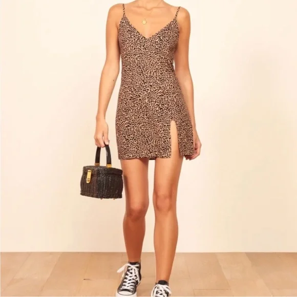 Reformation Marlowe Leopard Print Mini Dress V-Neck Side Slit - Picture 2 of 16